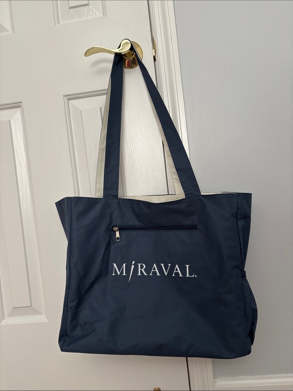 Miraval reversible Navy/white Tote Bag w Zip Pocket & side water bottle pocket